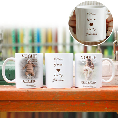 Custom VOGUE Style Mug for Mom & Baby – Personalized Photo, Name & Quote Gift
